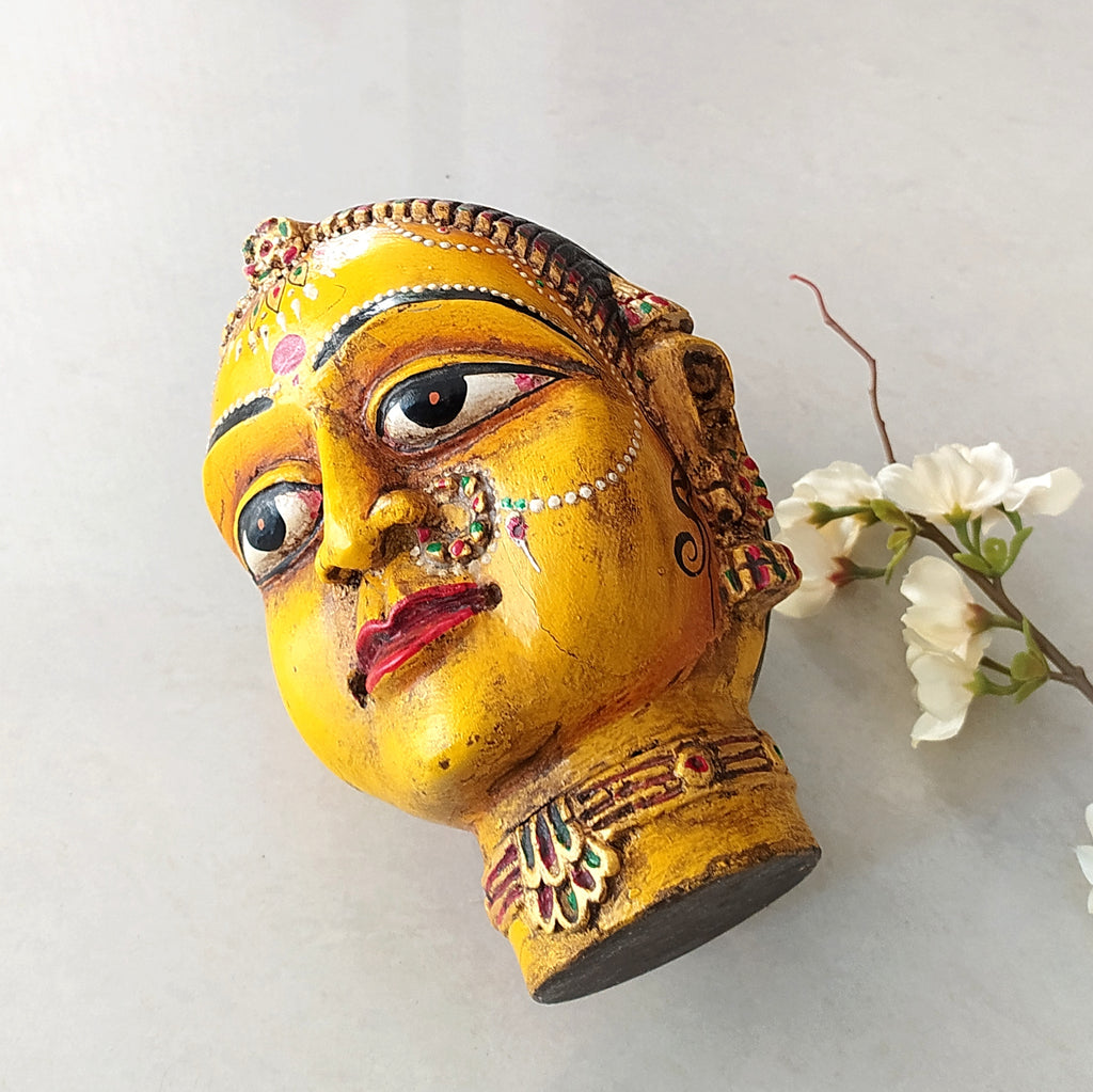 Vintage Wooden Bust of Gangaur Gauri - Goddess of Fertility, Love & Devotion With Rich Ochre Yellow Finish. H 20 cm x W 13 cm