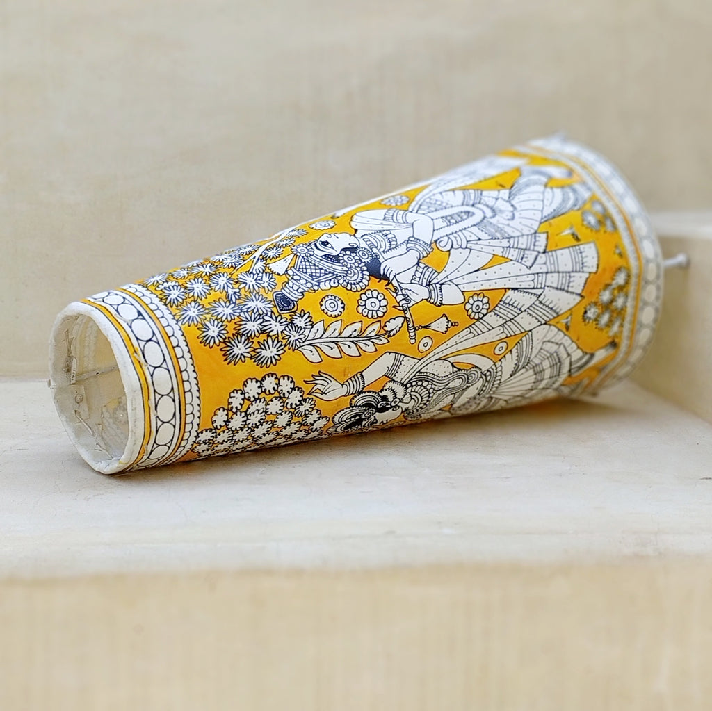 Kalamkari Style Leather Lampshade With Mythological Figures In Ochre Yellow. Height 44 cm