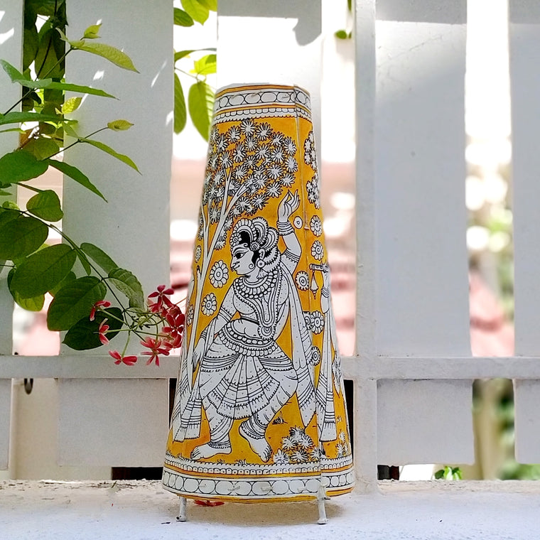 Kalamkari Style Leather Lampshade With Figures Of Radha Krishna In Ochre Yellow. Height 44 cm