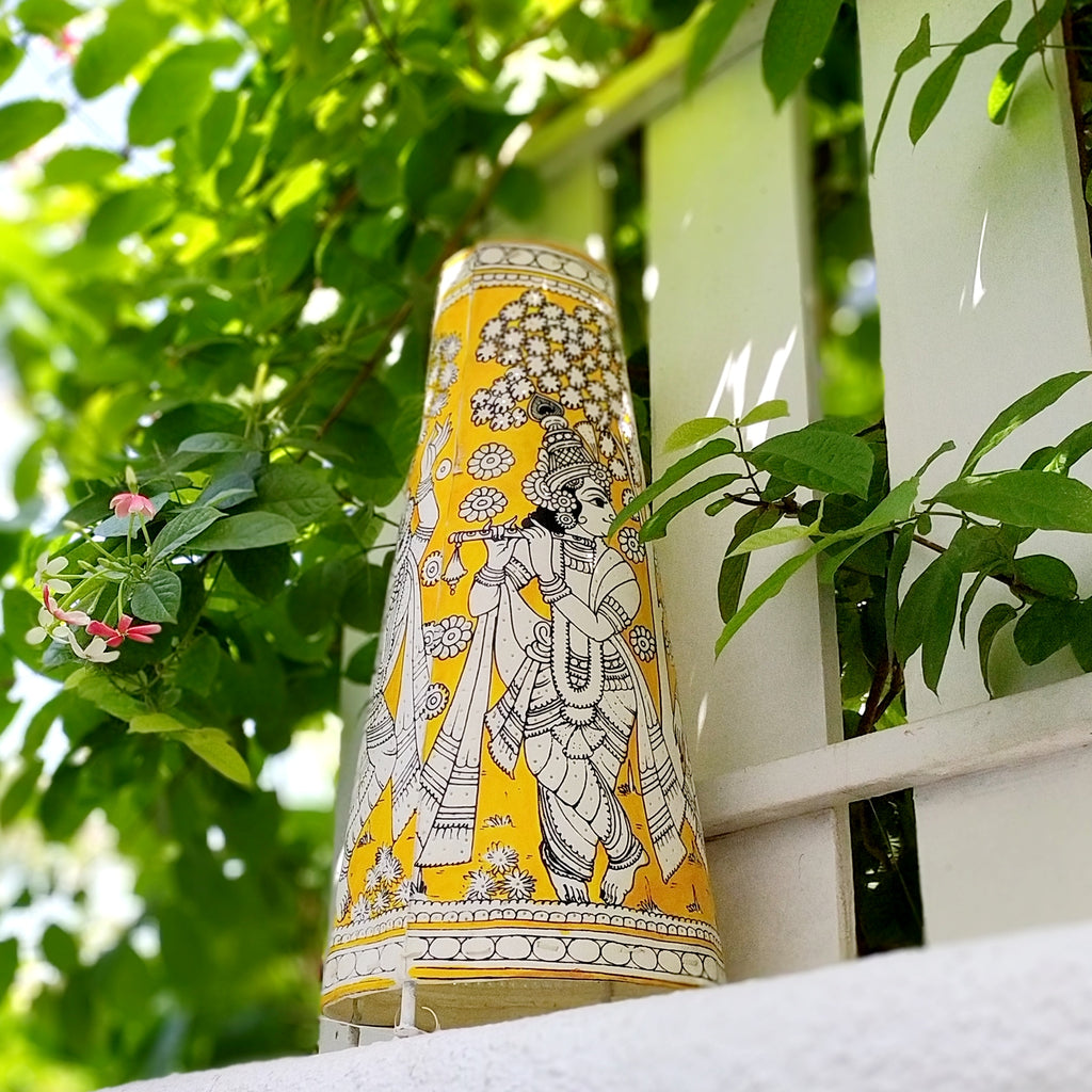 Kalamkari Style Leather Lampshade With Mythological Figures In Ochre Yellow. Height 44 cm