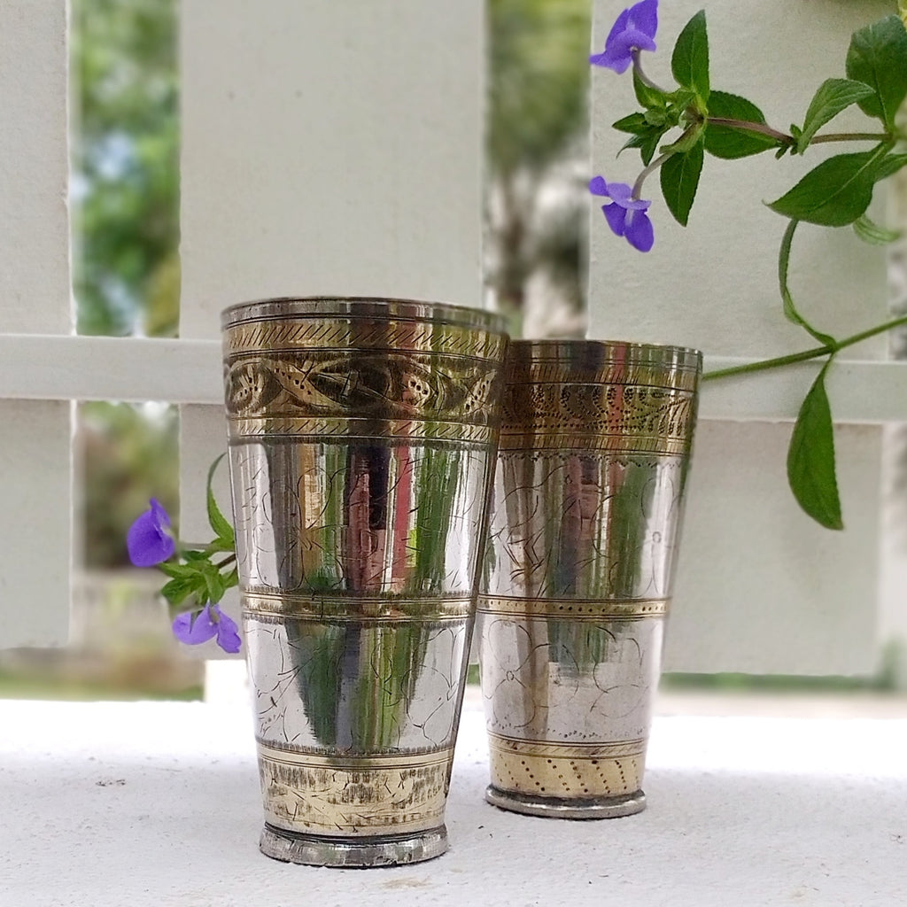 Traditional Vintage Pair of 17 cm Tall Brass Glasses Handcrafted with Floral Designs