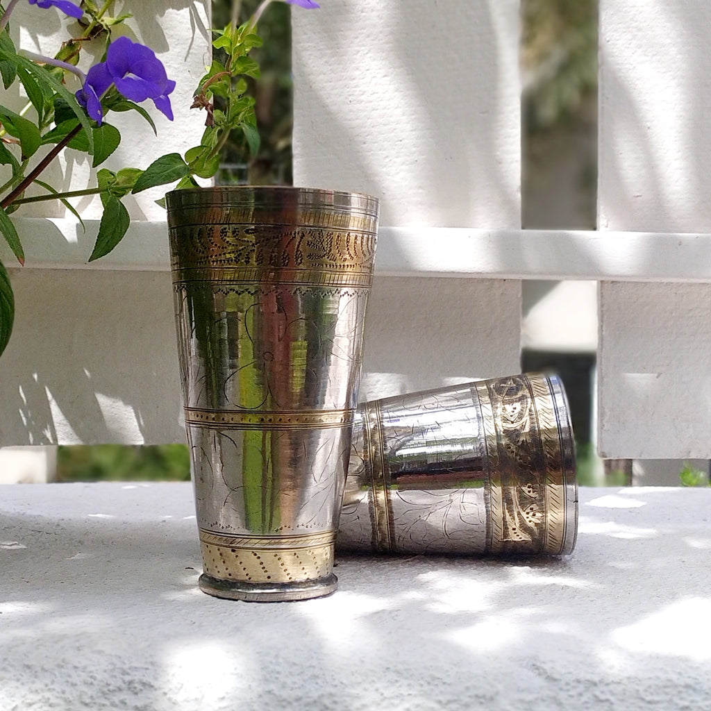 Traditional Vintage Pair of 17 cm Tall Brass Glasses Handcrafted with Floral Designs