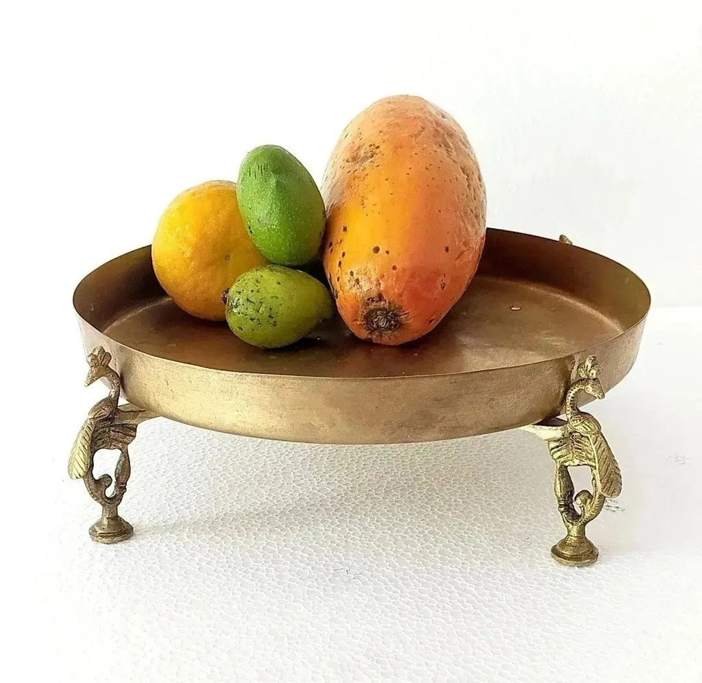 Brass Fruit Bowl Handcrafted With 4 Peacock shaped Legs - Diameter 28 cm x Height 8 cm