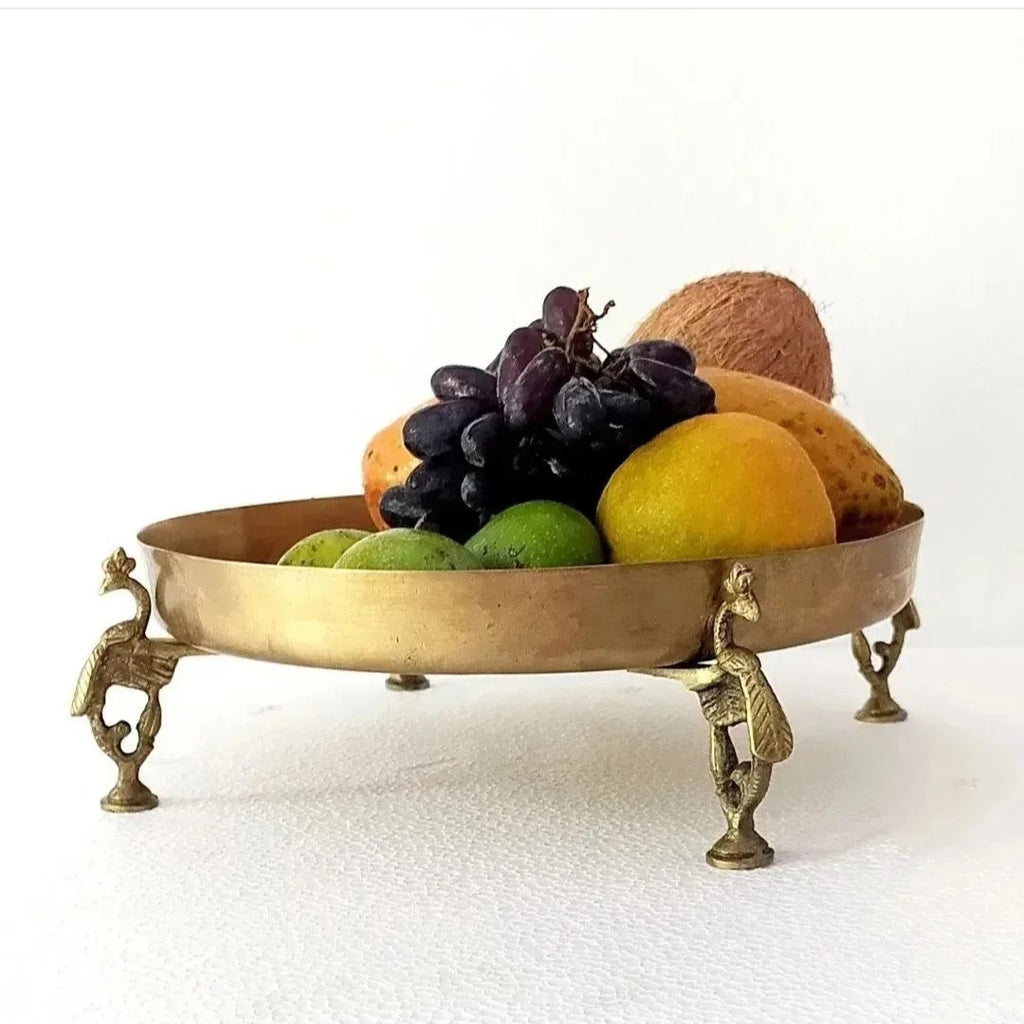 Brass Fruit Bowl Handcrafted With 4 Peacock shaped Legs - Diameter 28 cm x Height 8 cm