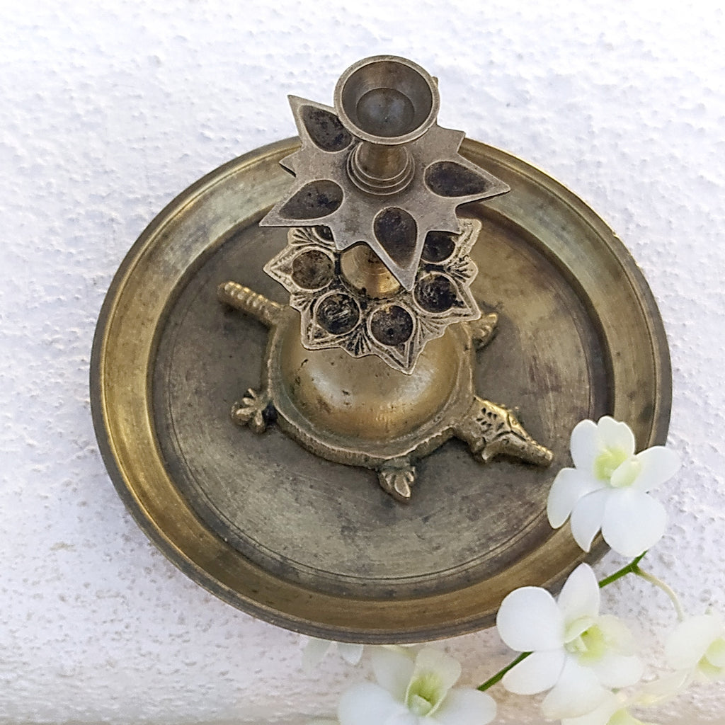 Vintage Brass 3 Tier Arti | Prayer Lamp With Turtle & 12 Diyas - Height 19 cm x  Diameter 20 cm