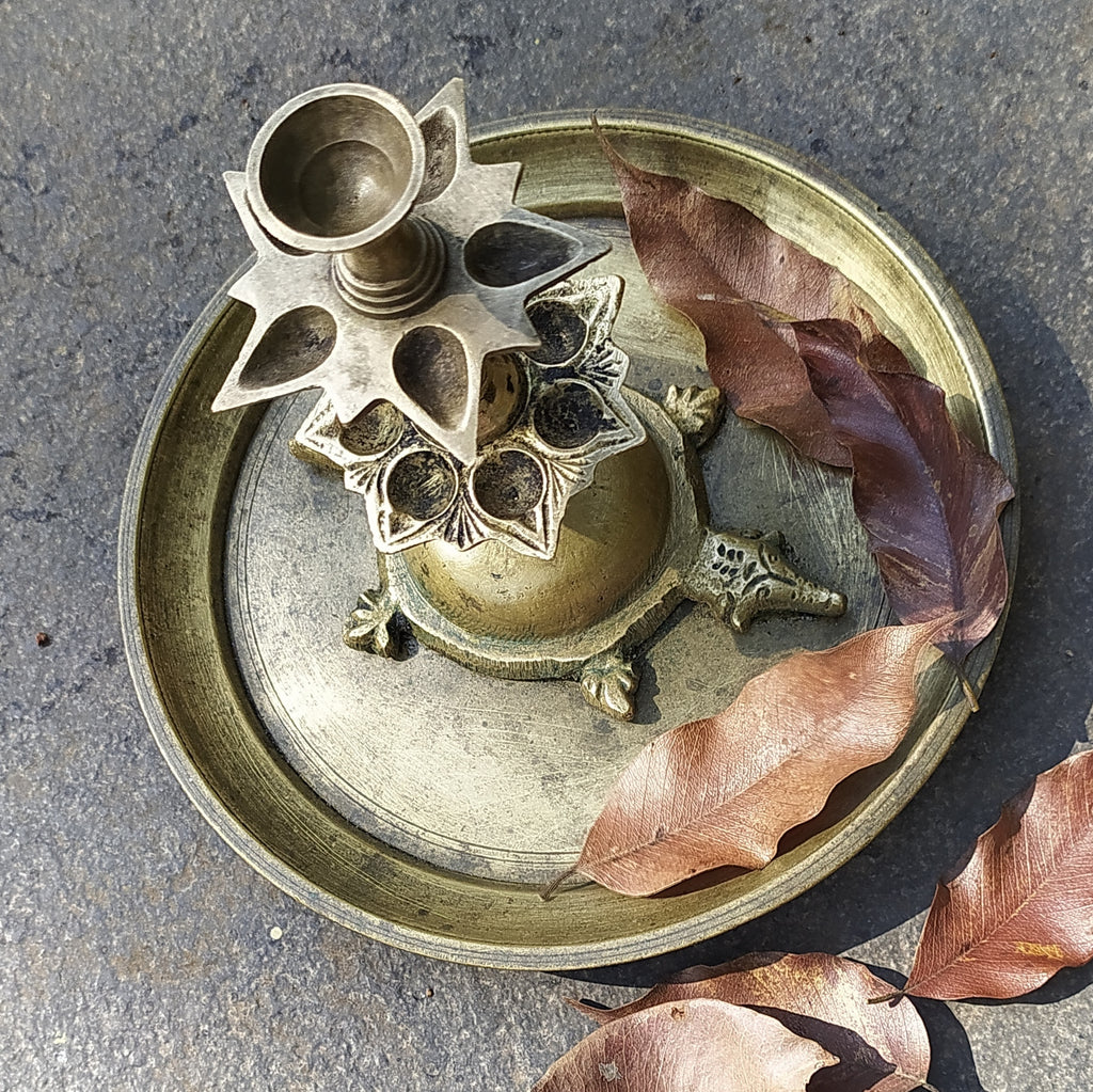 Vintage Brass 3 Tier Arti | Prayer Lamp With Turtle & 12 Diyas - Height 19 cm x  Diameter 20 cm