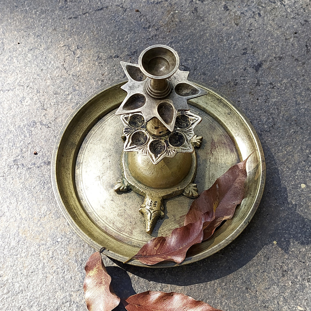 Vintage Brass 3 Tier Arti | Prayer Lamp With Turtle & 12 Diyas - Height 19 cm x  Diameter 20 cm