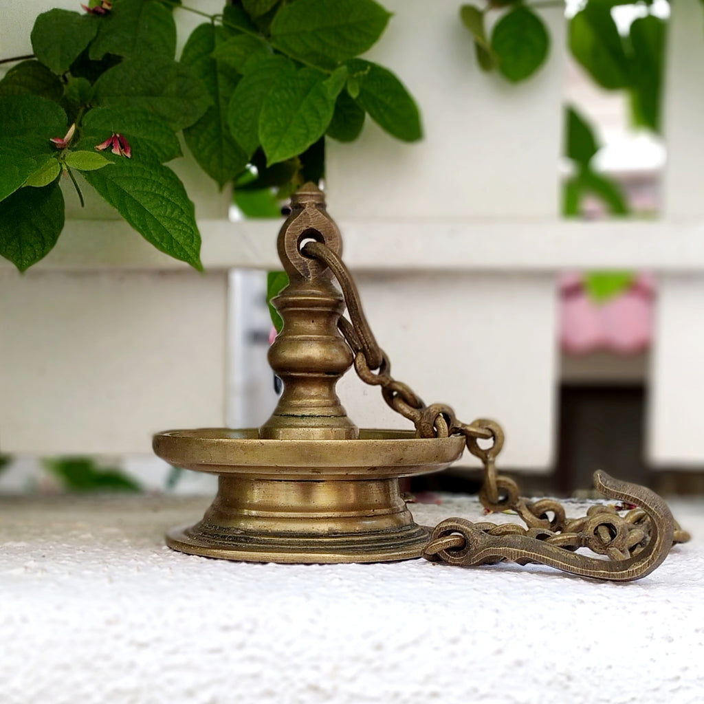 Traditional Brass Oil Lamp - "Thooku Vilakku" From South India. Length 63 cm x Diameter 13 cm