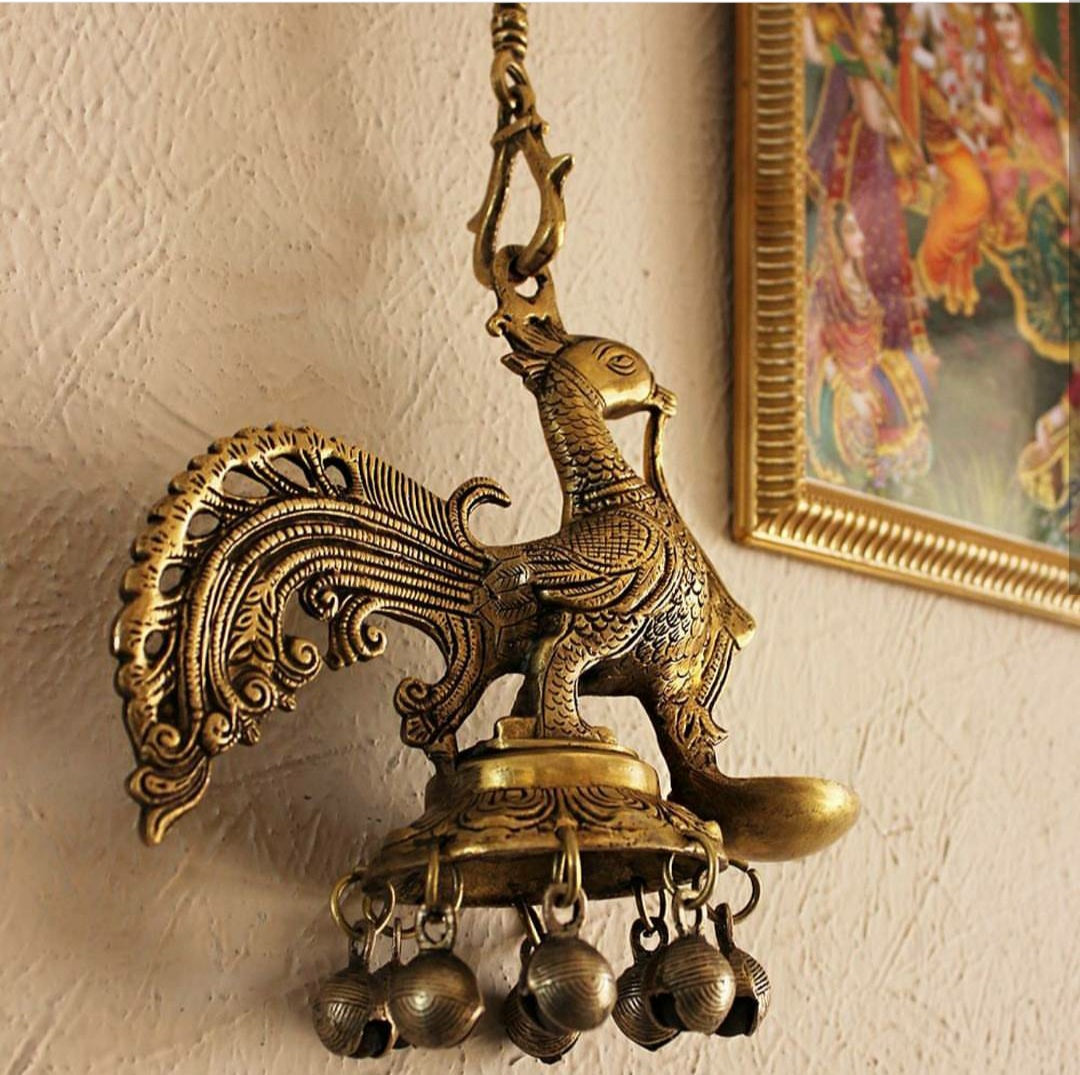 The Dancing Brass Peacock Oi Lamp With Brass Ghungroos | Bells - Length 80 cm
