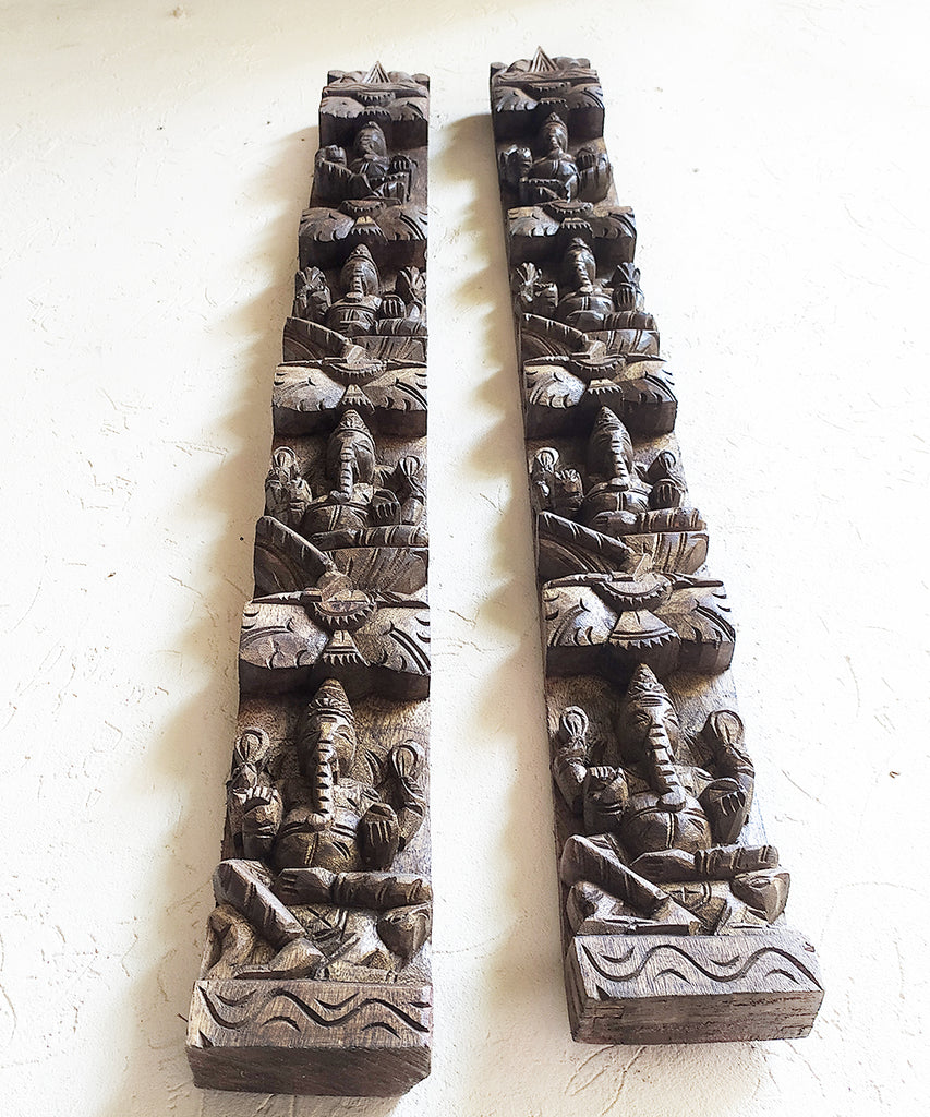 Ashtaganesh - Pair of Handcrafted Wooden Panels of Lord Ganesha And His 8 Manifestations, H 92 cm x W 10 cm x D 5 cm