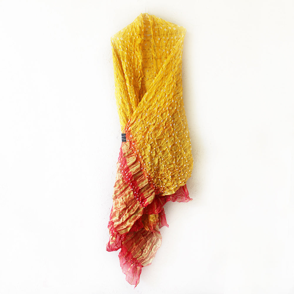 Festive Ochre Yellow & Red Jaipuri Bandhej Silk Dupatta | Scarf With Gold Border. L 230 cm x W 110 cm