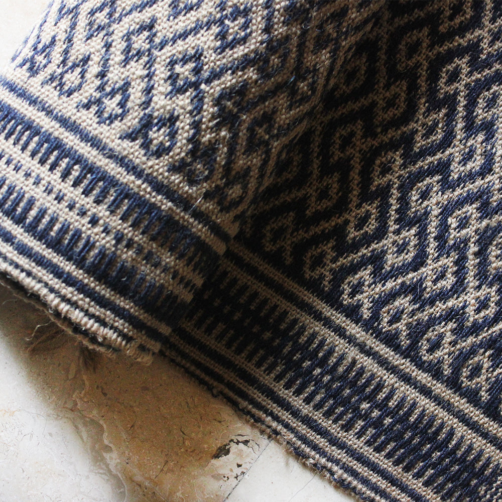 Indigo Blue And Beije Handwoven Jute Cotton Rug, Cotton Dhurrie With Diamond Pattern, L 5 Ft x W 3 Ft