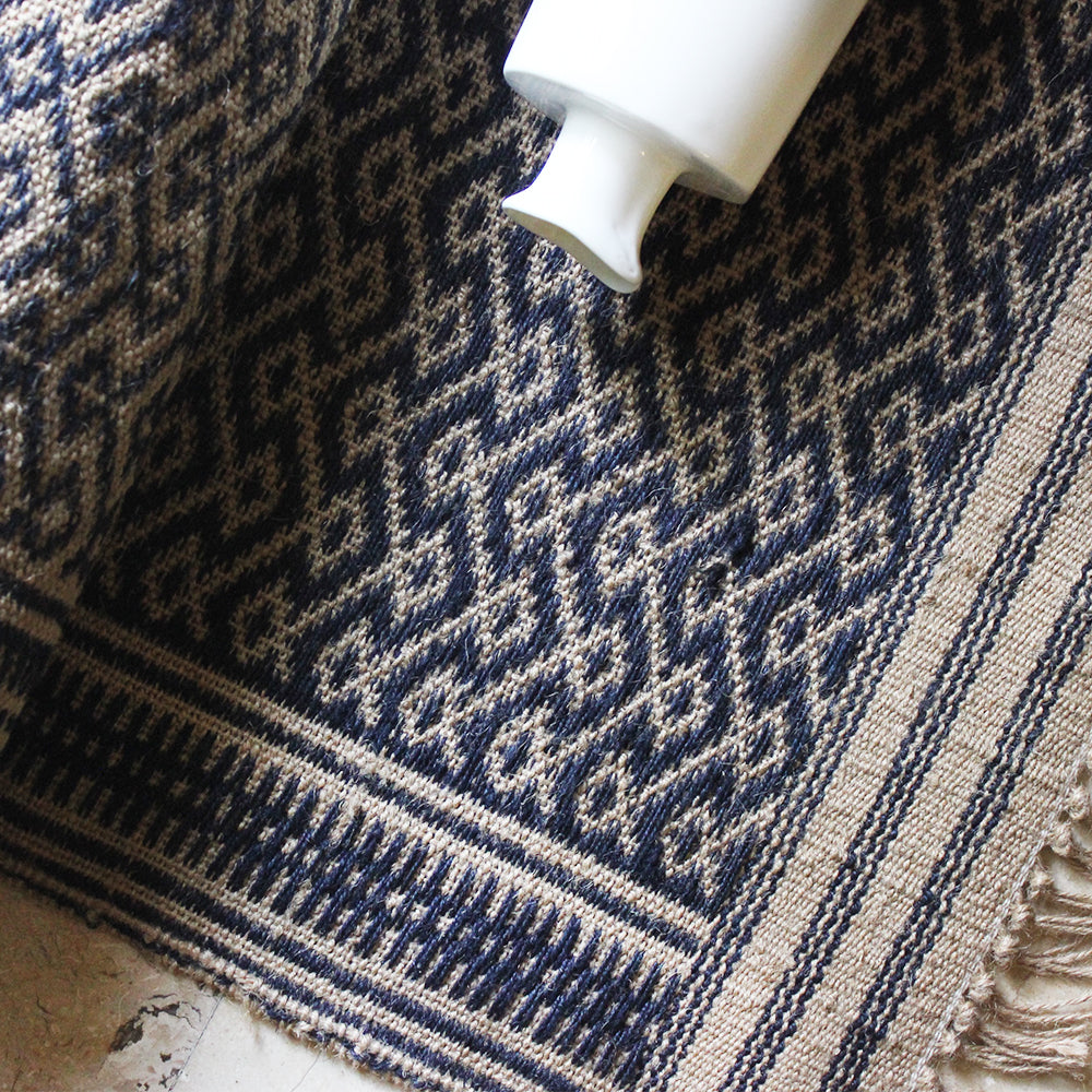 Indigo Blue And Beije Handwoven Jute Cotton Rug, Cotton Dhurrie With Diamond Pattern, L 5 Ft x W 3 Ft