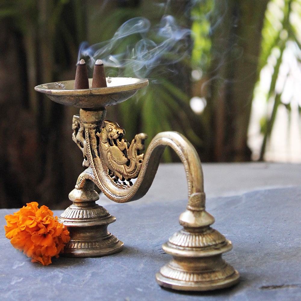 Vintage Brass Dhoop Aarti  Prayer Lamp With The Mythical Yali - L 16 - The  Indian Weave