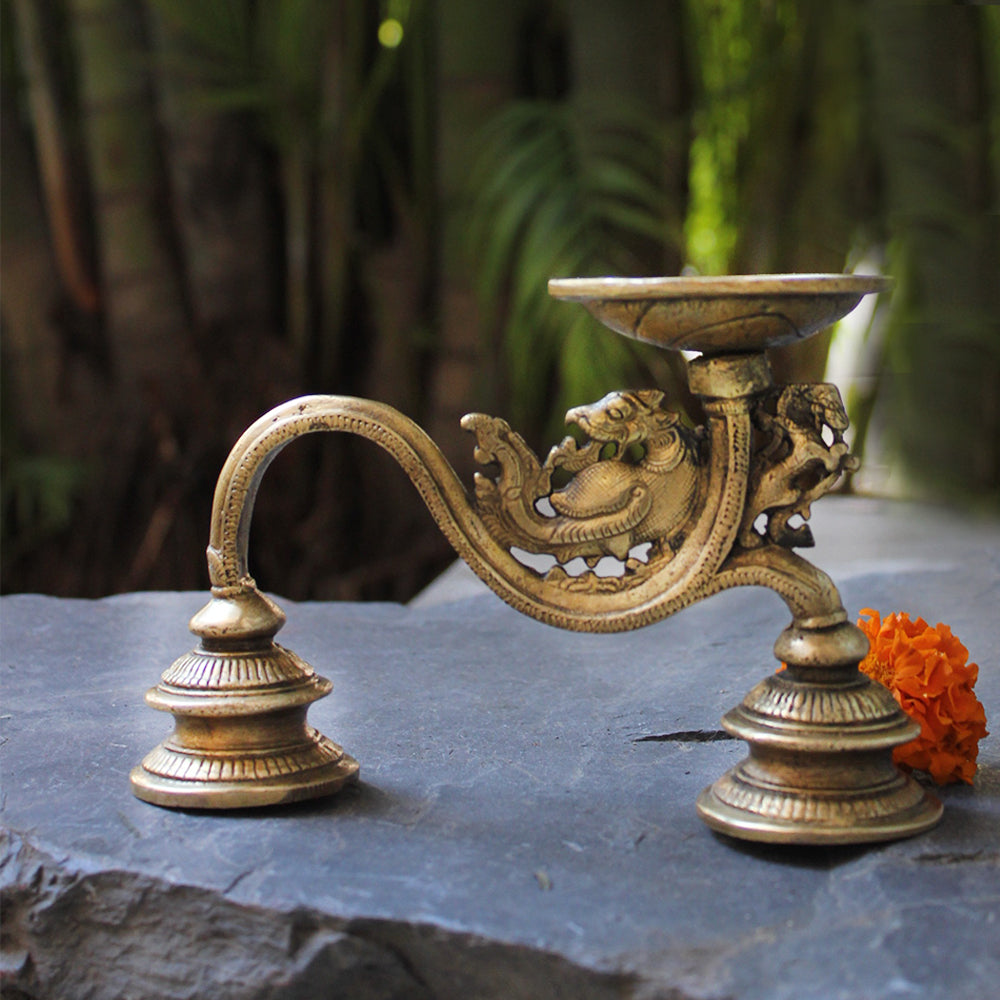 Vintage Brass Dhoop Aarti | Prayer Lamp With The Mythical Yali - L 16 cm x Ht 10 cm