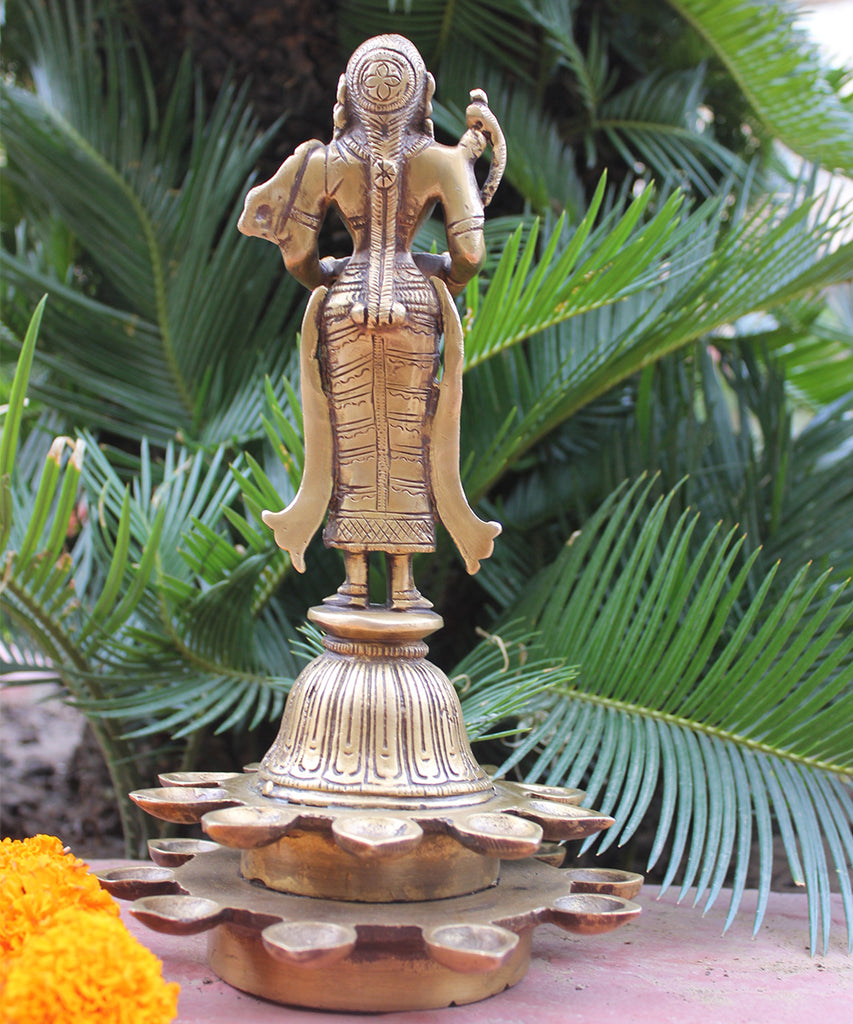 Indian Goddess Meenakshi - Avatar Of Goddess Parvati -  28 cm Tall Brass Sculpture With 21 Diyas | Oil Lamps - theindianweave