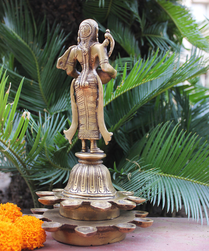Indian Goddess Meenakshi - Avatar Of Goddess Parvati -  28 cm Tall Brass Sculpture With 21 Diyas | Oil Lamps - theindianweave