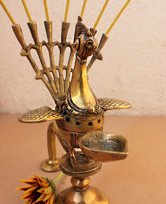 Hand Held Vintage Peacock Brass Prayer | Arti Lamp - 20 cm Tall - theindianweave