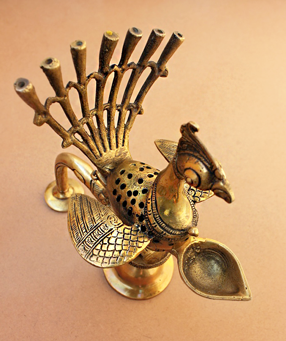 Hand Held Vintage Peacock Brass Prayer | Arti Lamp - 20 cm Tall - theindianweave