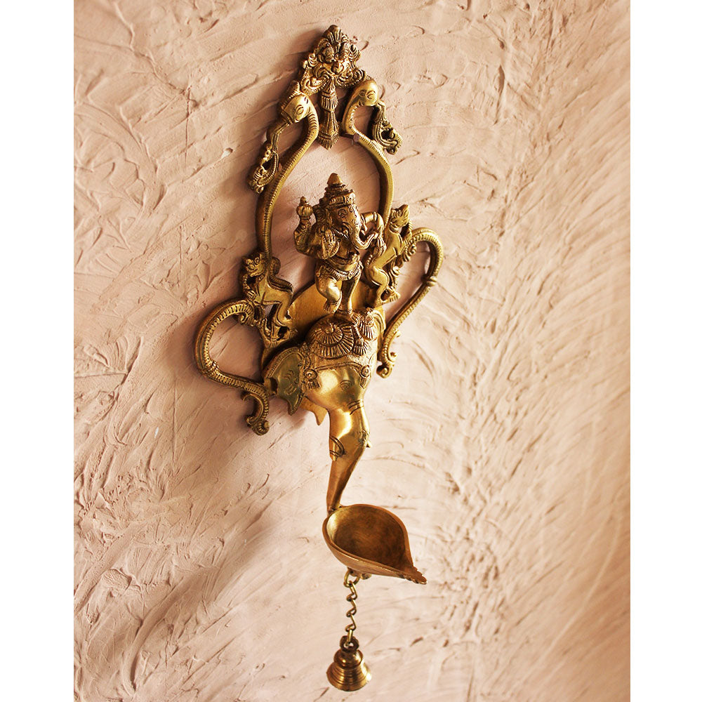 Vintage Brass Oil Lamp With Dancing Ganpati On A Majestic Elephant - Height 46 cm x Width 19 cm - theindianweave
