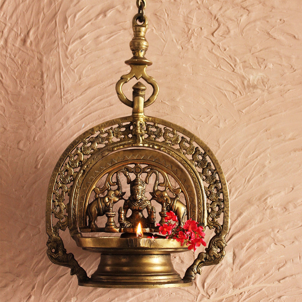 Traditional GajaLaxmi Vilakku Oil Lamp From Kerala - 93 cm Length - theindianweave