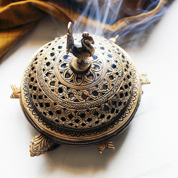 Handcrafted Brass Peacock Incense Burner On a 3 legged Tortoise Stand - theindianweave