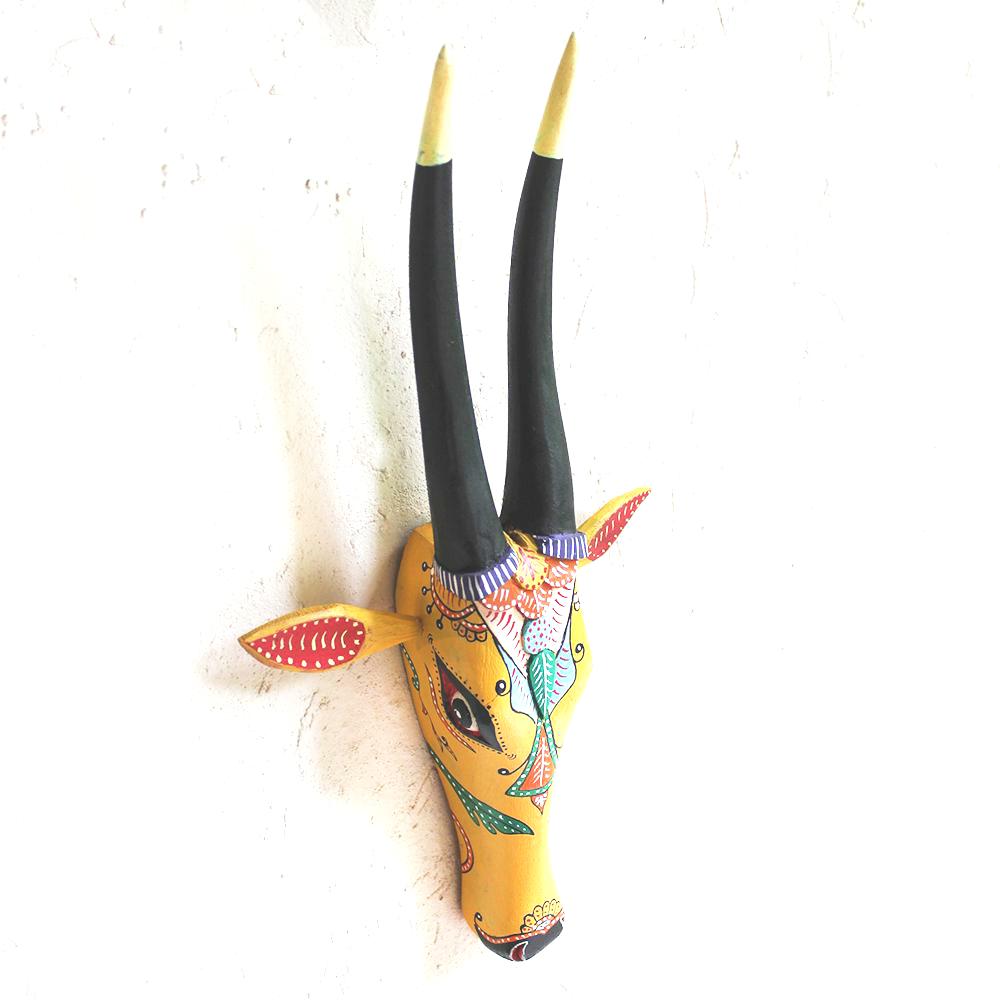 Wooden Nandi Bull | Cow Head Painted In Vibrant Ochre Yellow  - Height 46 cm x Width 27 cm x Depth 7 cm