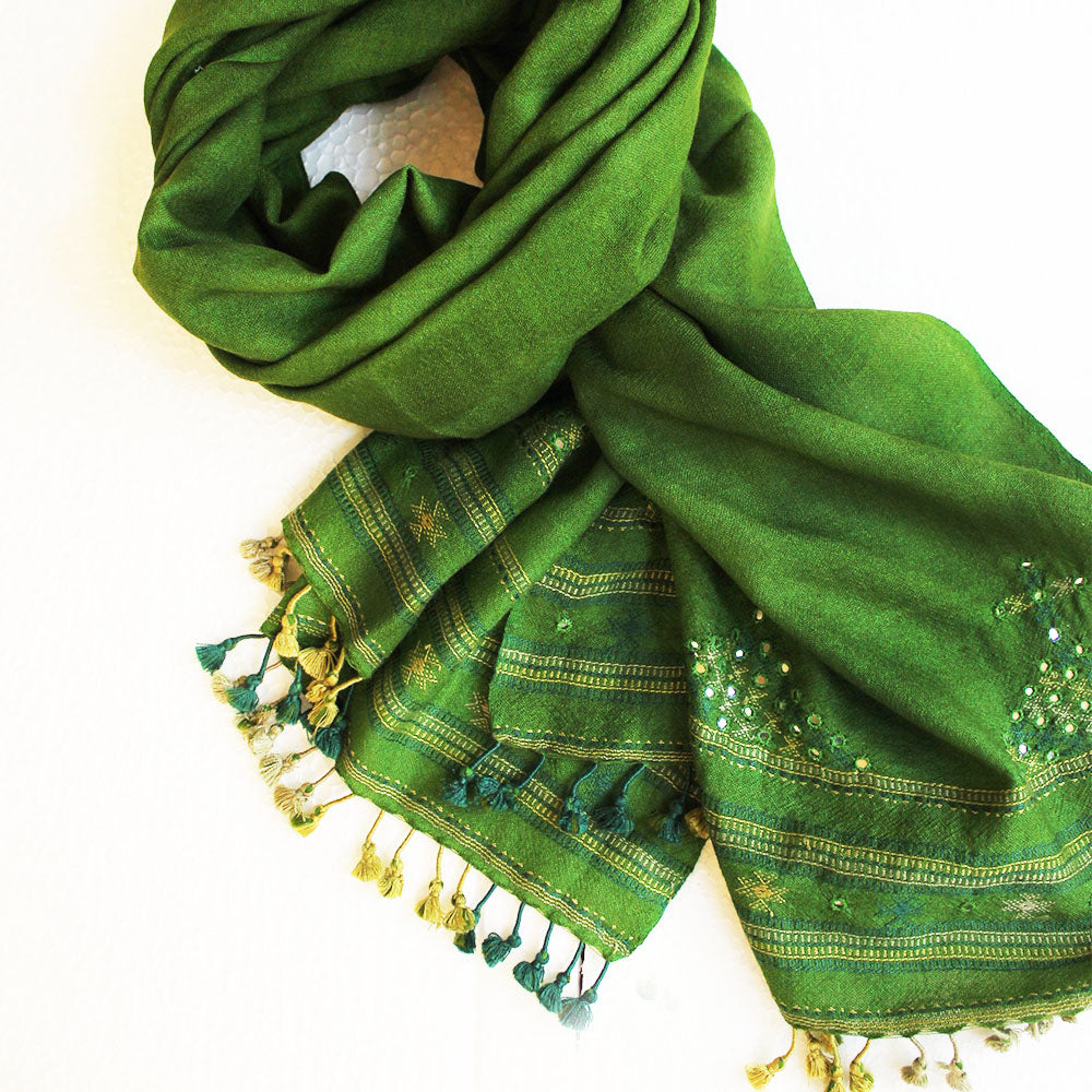Mehndi Green Handwoven Woollen Scarf With Mirror Work From Kutch, Gujarat - 198 cm x 76 cm