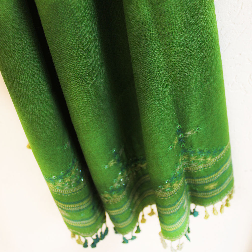 Mehndi Green Handwoven Woollen Scarf With Mirror Work From Kutch, Gujarat - 198 cm x 76 cm