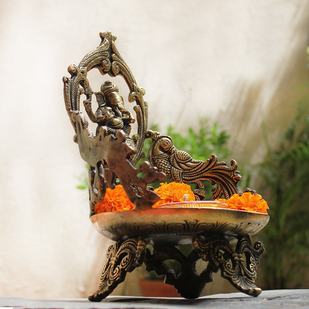 Majestic Brass Oil Lamp With Lord Ganesha & Twin Peacocks - Height 29 cm x Width 18 cm