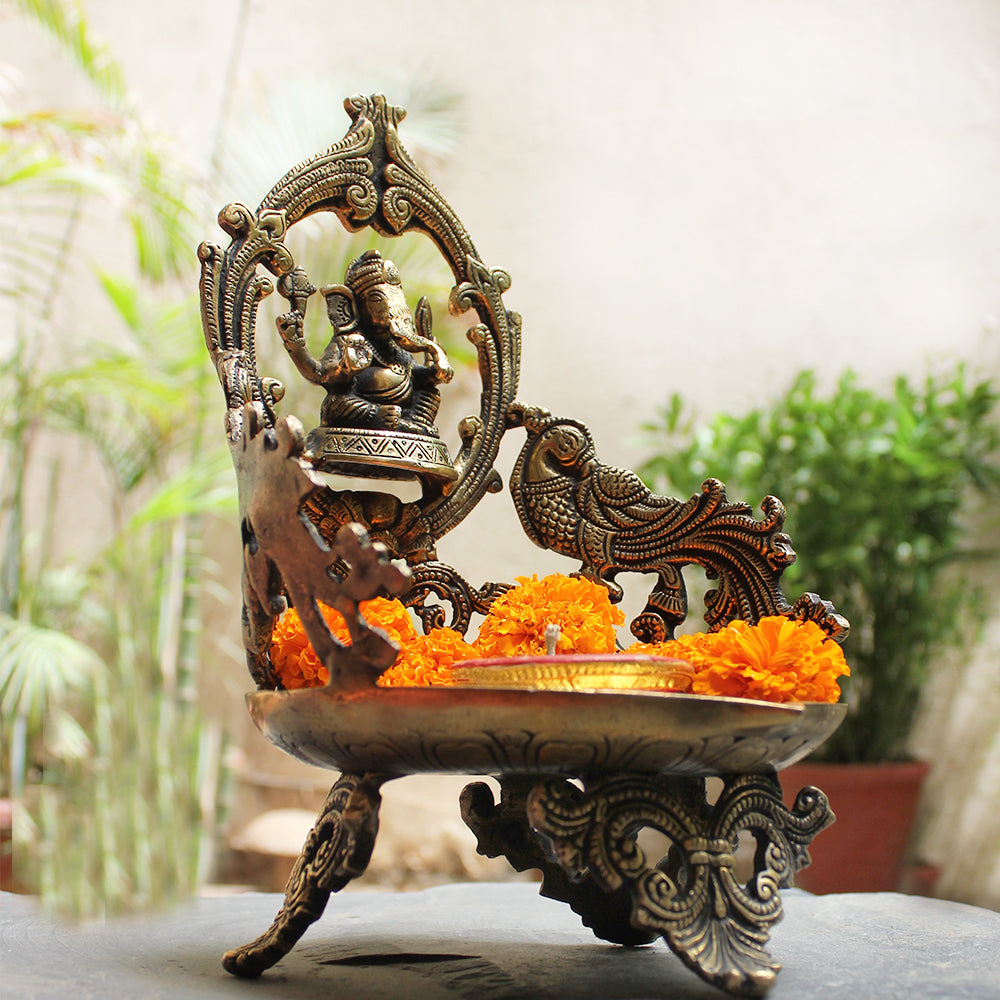 Majestic Brass Oil Lamp With Lord Ganesha & Twin Peacocks - Height 29 cm x Width 18 cm