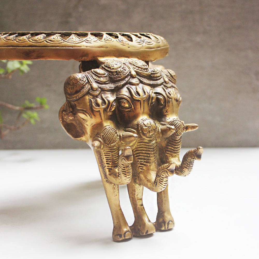 Majestic Hand Engraved Brass Chowki | Stool With Triple Elephant Heads - Diameter 23 cm x Height 22 cm