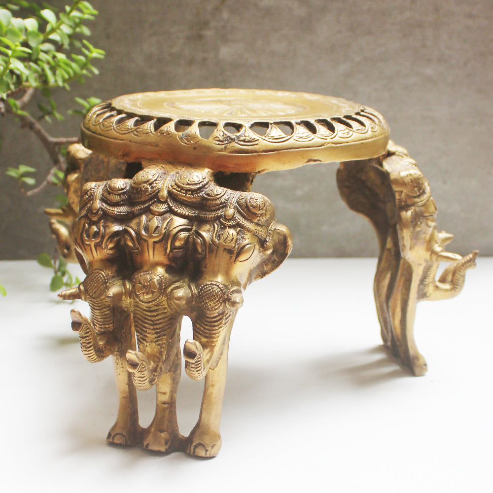 Majestic Hand Engraved Brass Chowki | Stool With Triple Elephant Heads - Diameter 23 cm x Height 22 cm