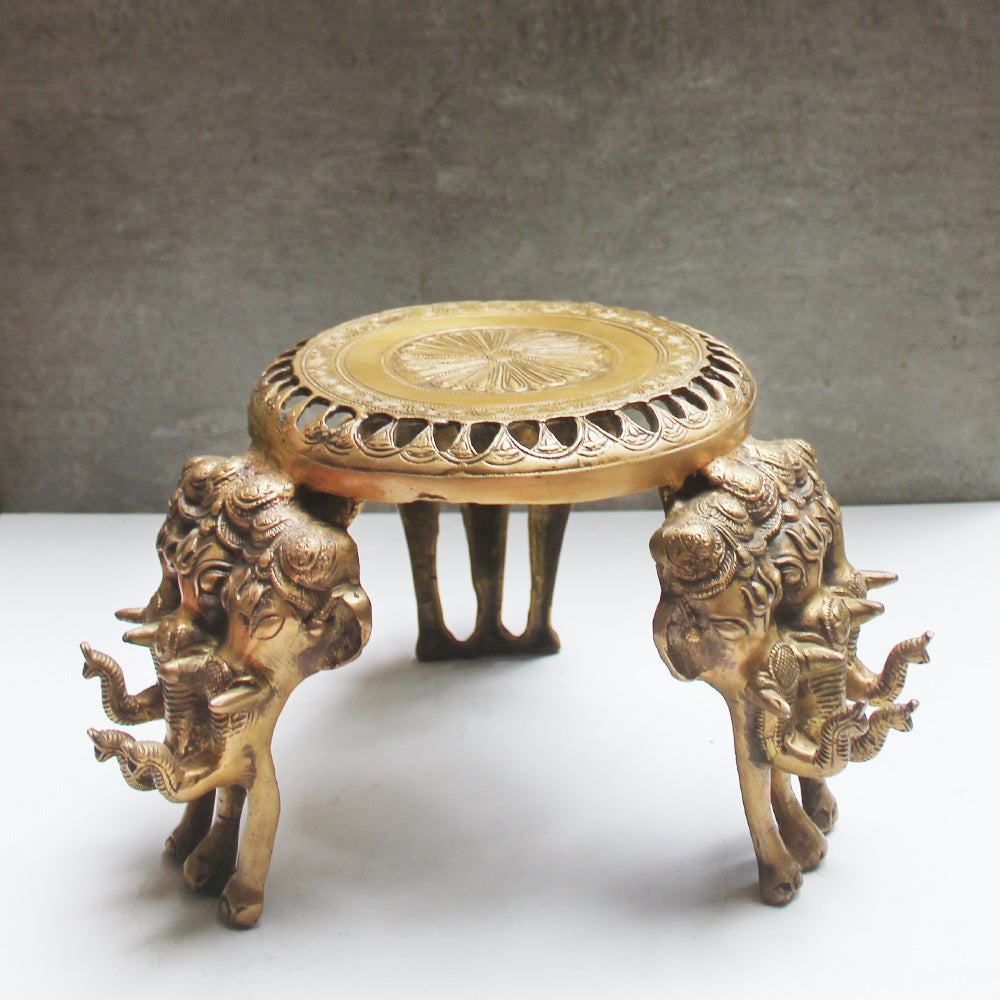 Majestic Hand Engraved Brass Chowki | Stool With Triple Elephant Heads - Diameter 23 cm x Height 22 cm