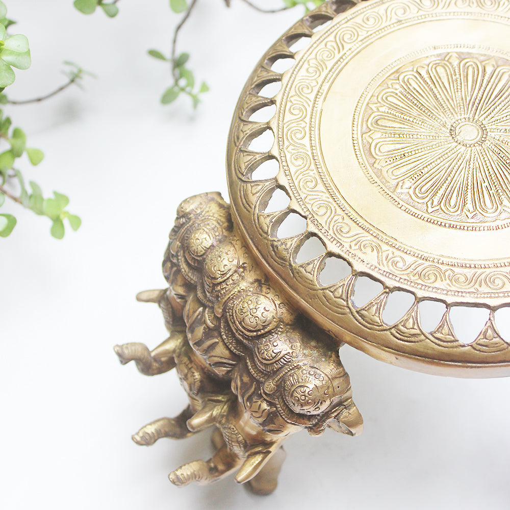 Majestic Hand Engraved Brass Chowki | Stool With Triple Elephant Heads - Diameter 23 cm x Height 22 cm