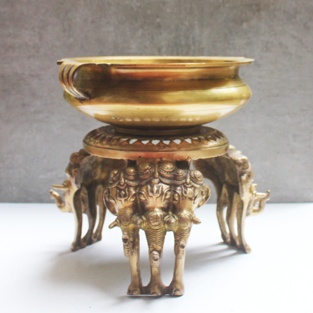 Majestic Set Of Brass Chowki | Stool With Elephant Legs & Brass Urli - Chowki 23 cm Dia x 22 cm | Urli 24 cm Dia