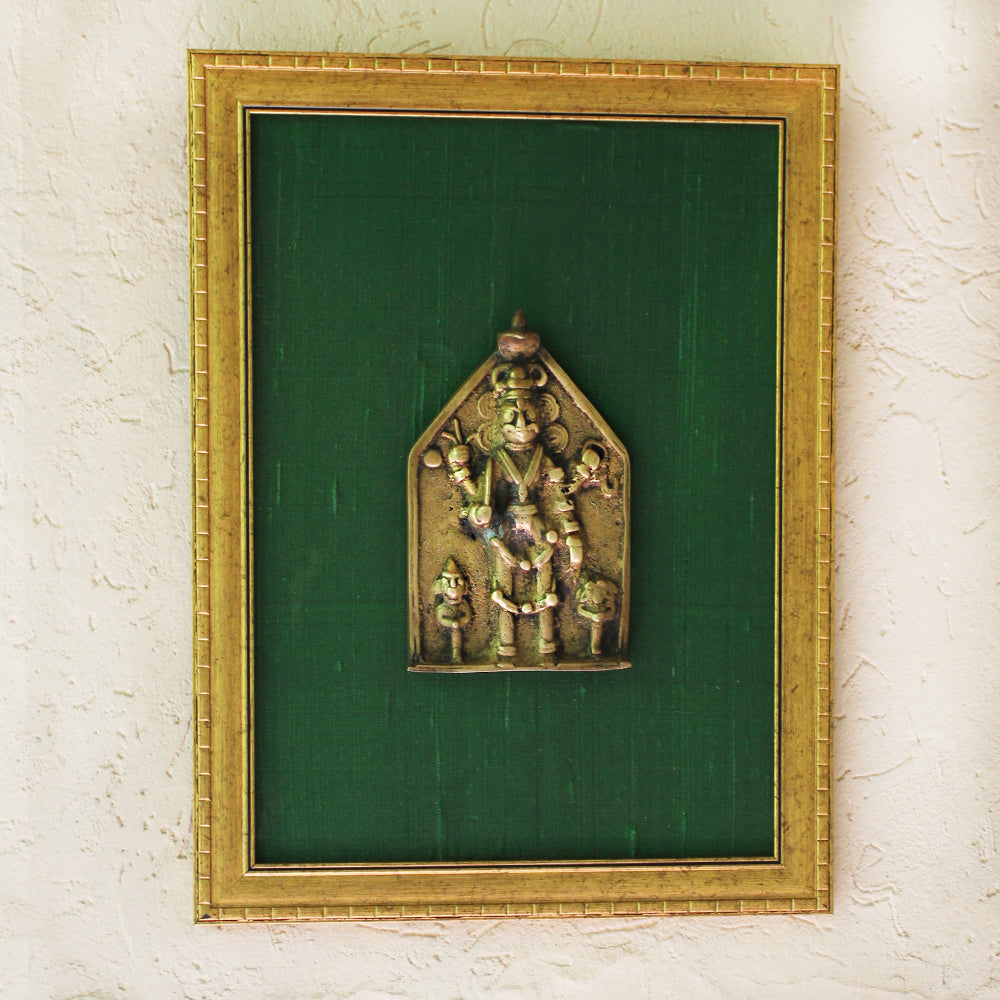 Vintage Brass Plaque of Lord Shiva | Shiva Mukhalingam Framed On Green Raw Silk - H 40 cm x W 30 cm