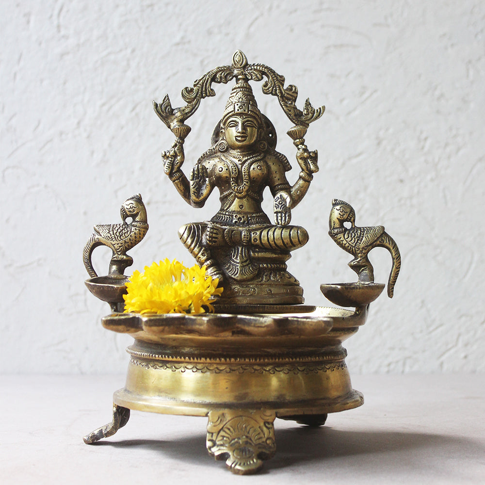 Traditional GajaLaxmi Vilakku Oil Lamp Handcrafted With Peacocks - Ht 22 cm x W 18 cm x Dia 14 cm