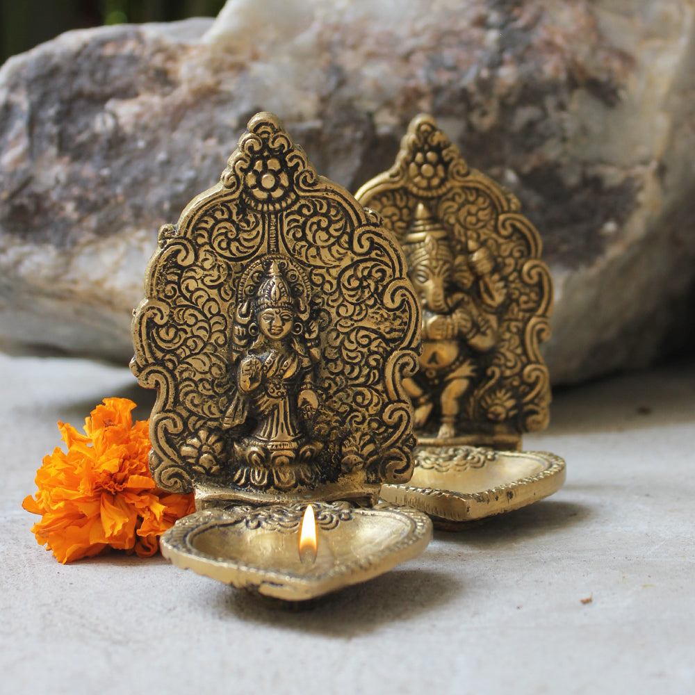 Pair of Ganesha & Lakshmi Brass Oil Lamps | Diyas. L 9 cm x H 11 cm x W 9 cm