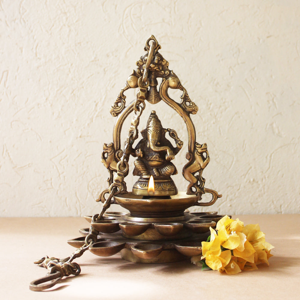 Vintage Ganesh Lamp With 20 Diyas, Swans & The Mythical Yali - Length 78 cm x Dia 23 cm