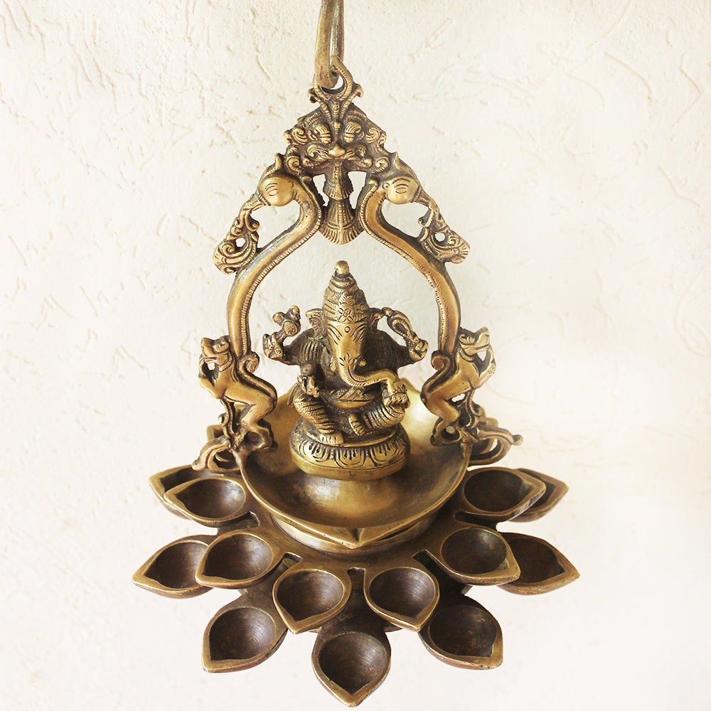 Vintage Ganesh Lamp With 20 Diyas, Swans & The Mythical Yali - Length 78 cm x Dia 23 cm