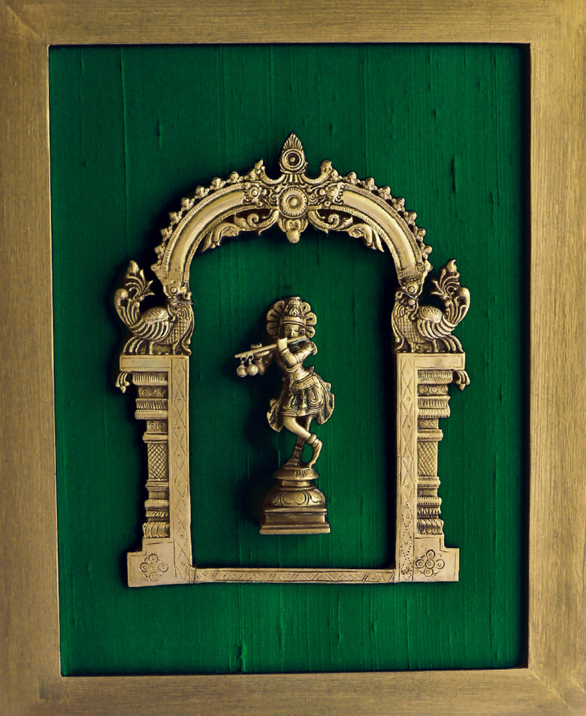 Beautiful Framed Brass Prabhavali On Emerald Green Raw Silk With Lord Krishna. Frame Height 45 cm x Width 35 cm - theindianweave