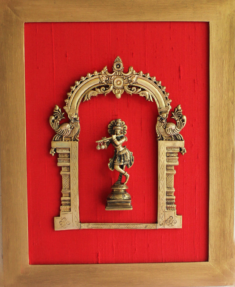 Exquisite Framed Brass Prabhavali On Red Raw Silk With Lord Krishna. Frame - Height 45 cm x Width 35 cm - theindianweave