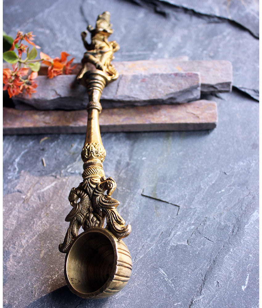 Brass Puja or Prayer Spoon with Lord Krishna and Twin Peacocks - theindianweave