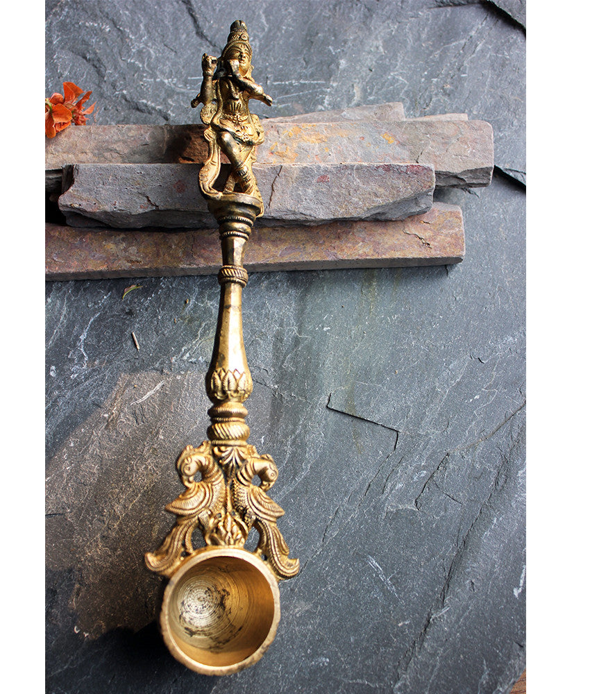 Brass Puja or Prayer Spoon with Lord Krishna and Twin Peacocks - theindianweave