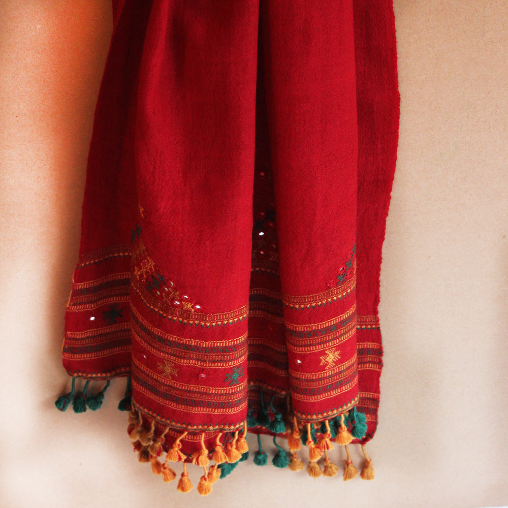 Burgundy Red Handwoven Woollen Scarf With Mirror Work From Kutch, Gujarat - 198 cm x 76 cm