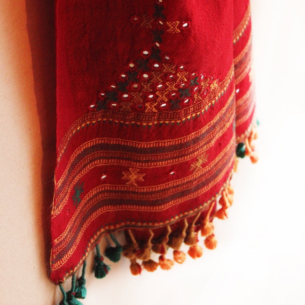 Burgundy Red Handwoven Woollen Scarf With Mirror Work From Kutch, Gujarat - 198 cm x 76 cm