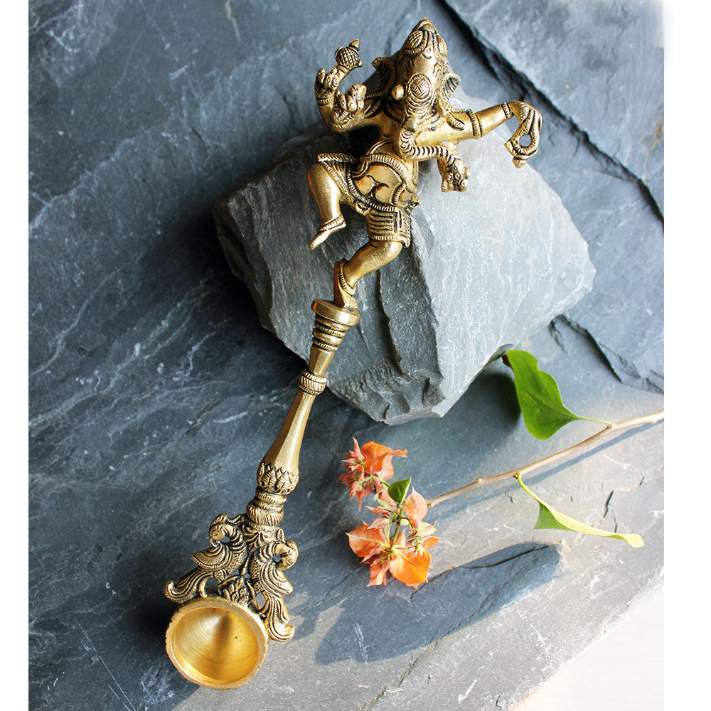 Prayer / Puja Spoon With Lord Ganesha & Twin Peacocks Handcrafted in Brass - 28 cm Length - theindianweave