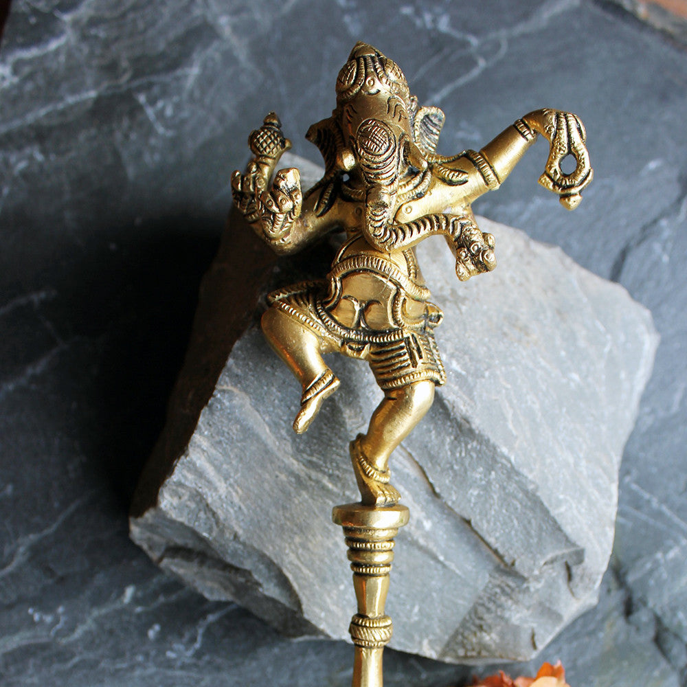 Prayer / Puja Spoon With Lord Ganesha & Twin Peacocks Handcrafted in Brass - 28 cm Length - theindianweave