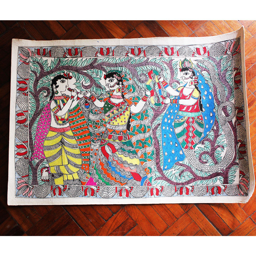 Madhubani Painting of Lord Krishna With Village Belles Painted On Hand Made Paper - 56 cm x 36 cm - theindianweave